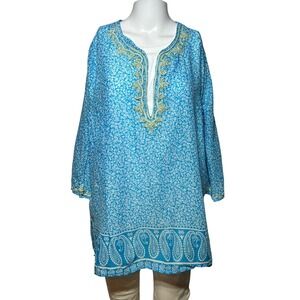 Anne Carson Shirt Women's XL 1X Blue Beachy Top Coastal 3/4 Sleeve Bohoemian